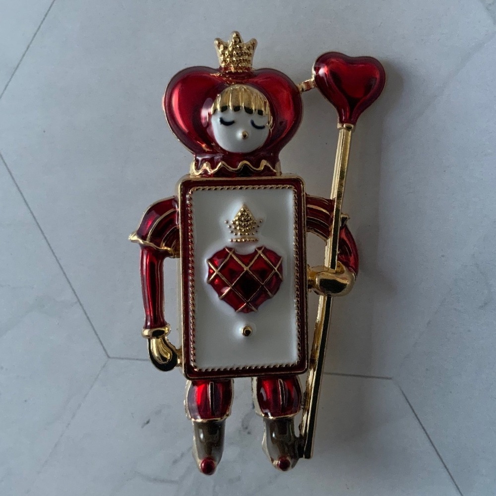 Queen of Hearts Playing Card Soldier Brooch Red Enamel Gold Tone Pin Whimsical